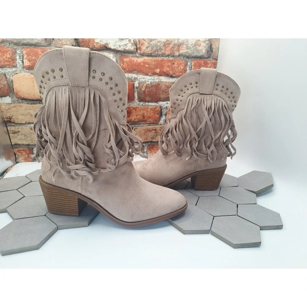 Women's 6.5 Brown Suede Western Ankle Booties Pointed Toe Cowgirl Studded
